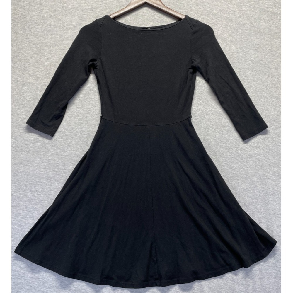 Uniqlo Fit & Flare Dress Womens Small Black Boat Neck 3/4 Sleeve Flowing Hem
